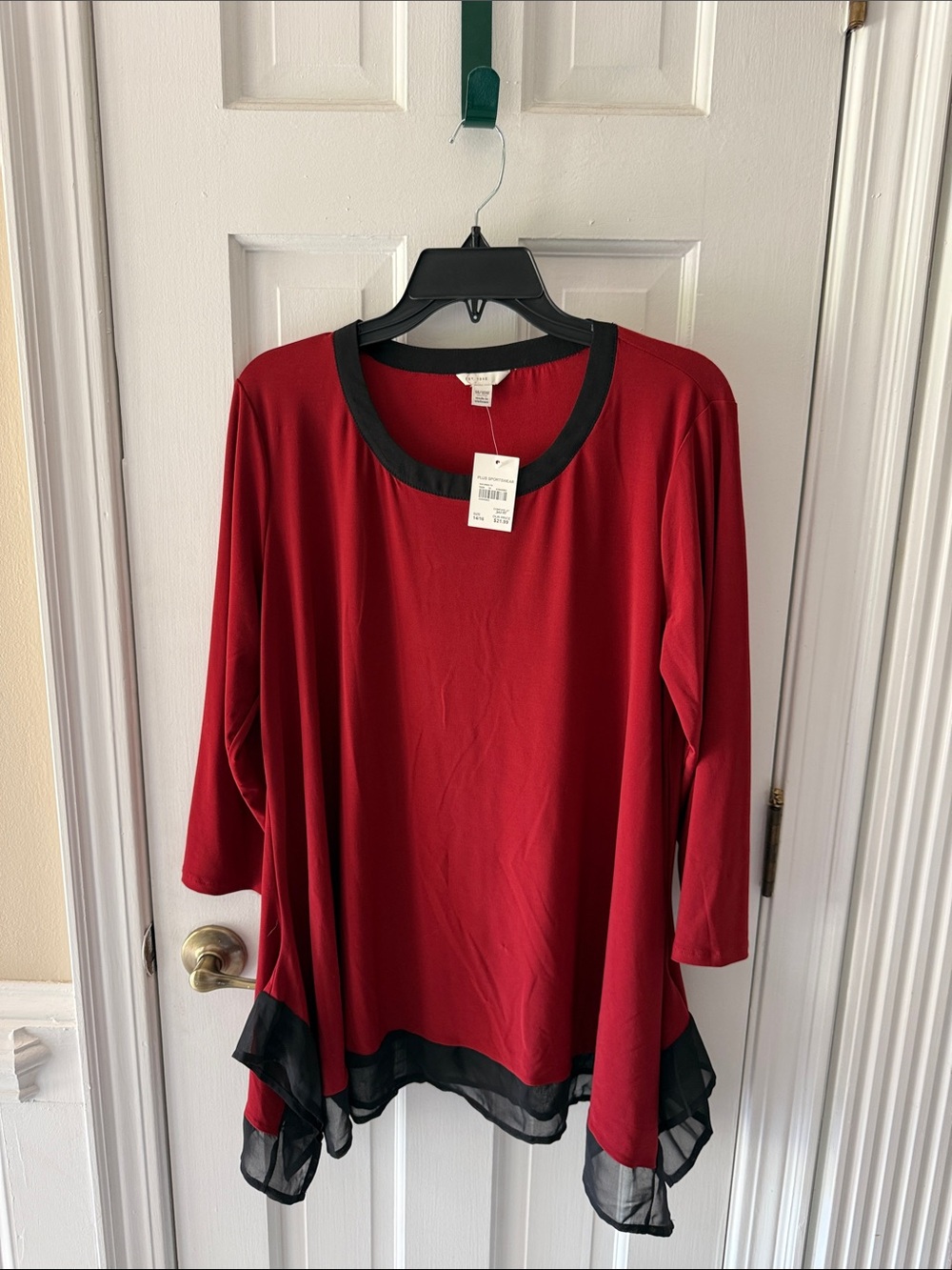 Cato Red Tunic with Black Trim and Sheer Hem